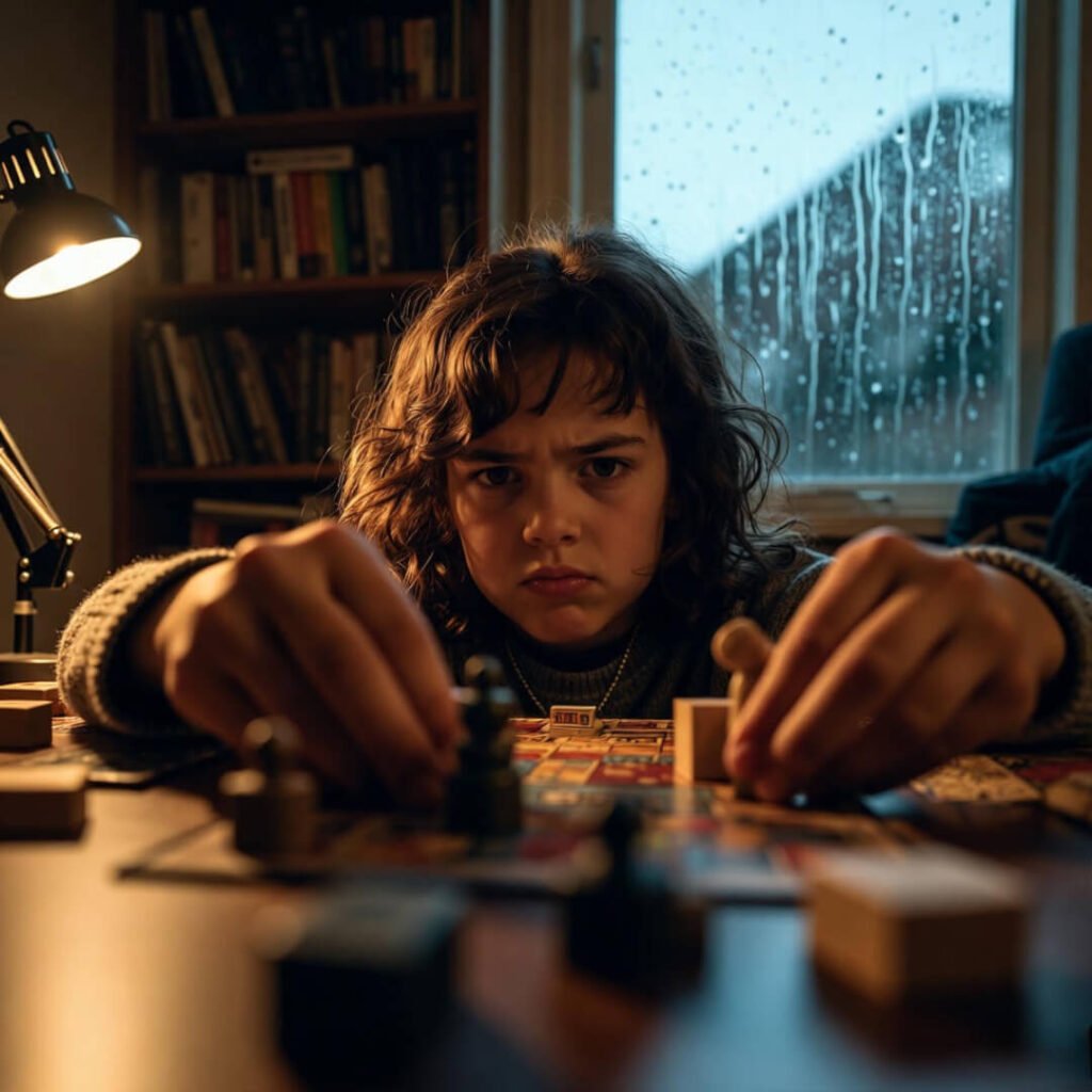 Overhead messy dresser with grooming products and burger.