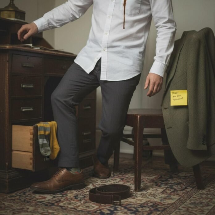 Disheveled man getting dressed at a desk.