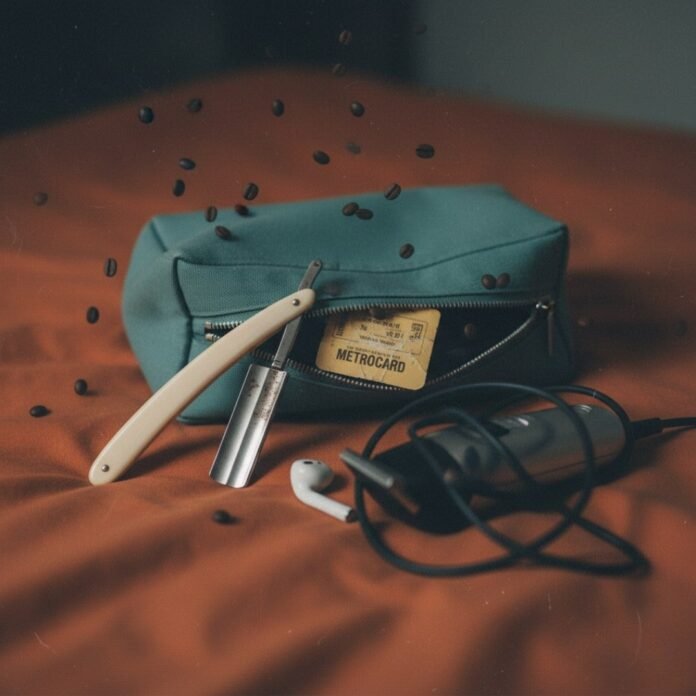 Dopp kit with razor, subway ticket, tangled AirPod.