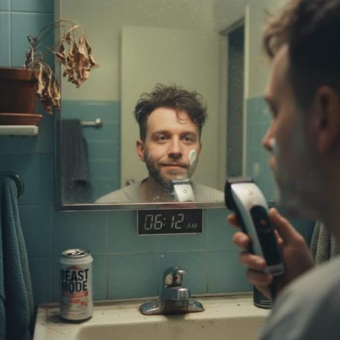 Man shaving in a steamy, tired bathroom at 6:12 AM