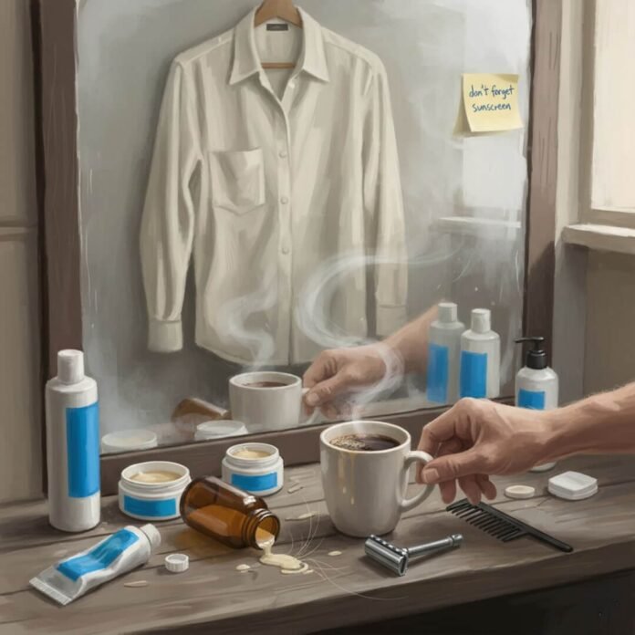 Morning routine chaos: coffee, razor, skincare, foggy mirror.