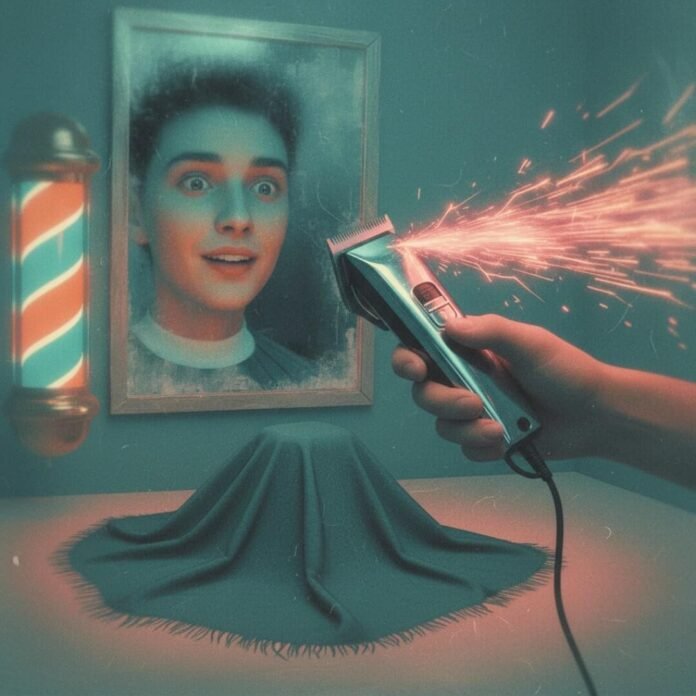 Clippers sparking near mirrored, nervous face.