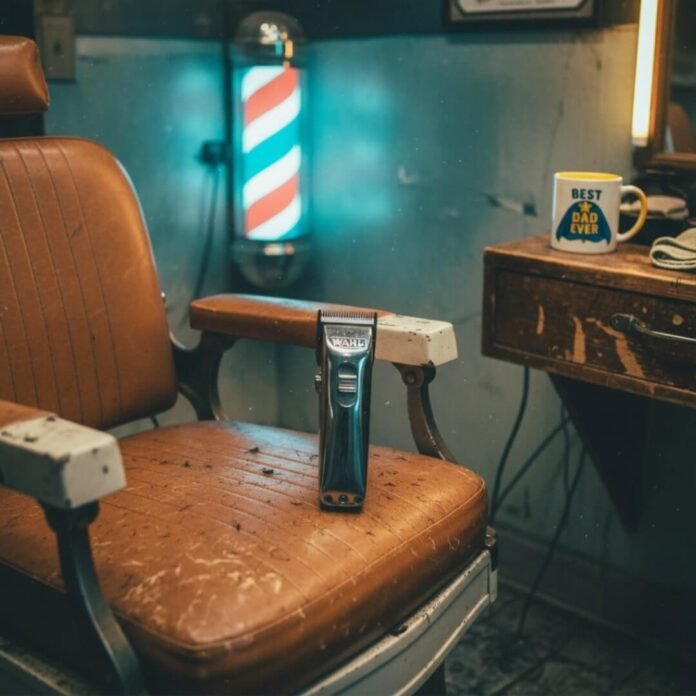 Barber clippers on scuffed leather chair.