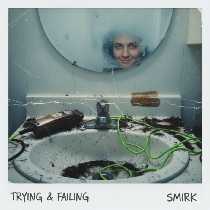 Messy bathroom sink, hair clippings, clipper, smirk in mirror.