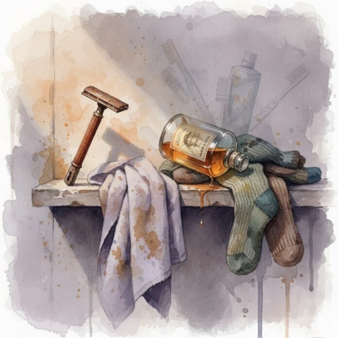 Rusty razor, spilled aftershave, socks on watercolor shelf.