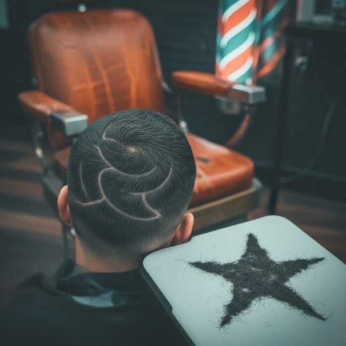 Close-up of fade haircut with designs and star clippings.