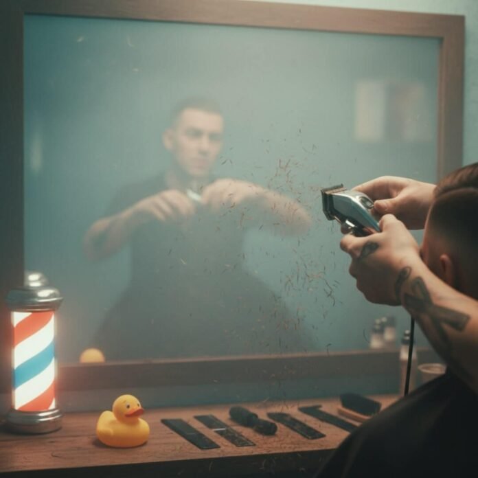 Clippers, flying hair, mirror, duck, barber pole.