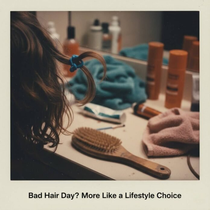 Wavy hair, split end, blue tie on messy counter.