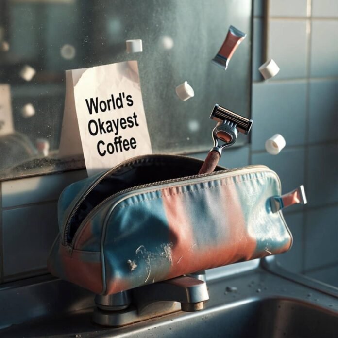 Scuffed dopp kit on sink, razor teeters, floating toothpaste, 