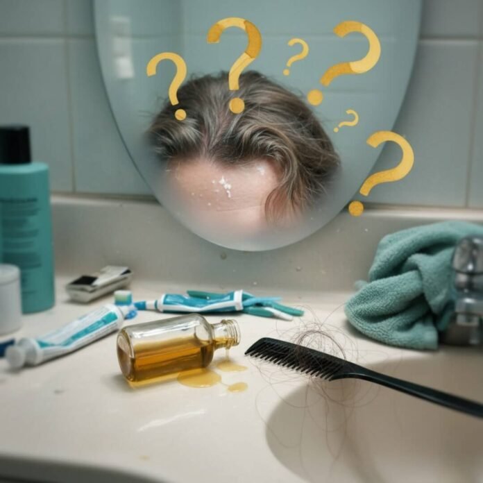 Argan oil, comb, and flaky scalp in foggy mirror.