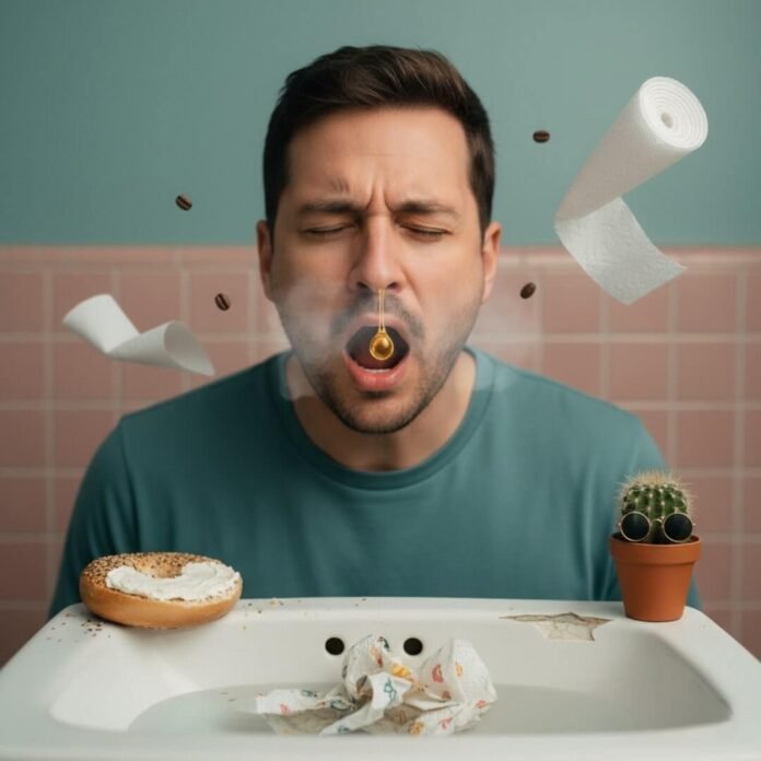 Man sneezing, oil drop, bagel, cactus, floating items.