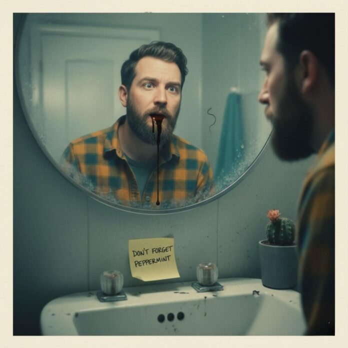 Guy dripping oil, Post-it note in foggy mirror.