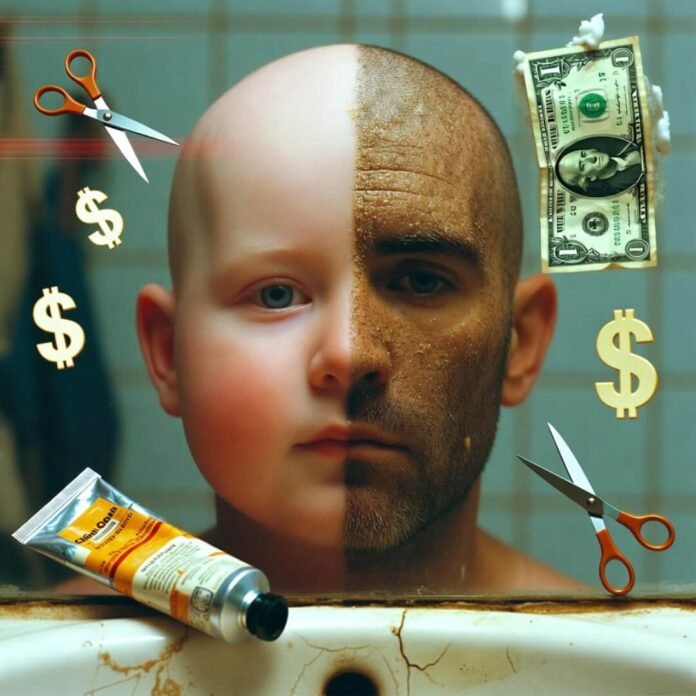 Half-shaved man in dingy bathroom, dollar bill on mirror, scissors cut money.