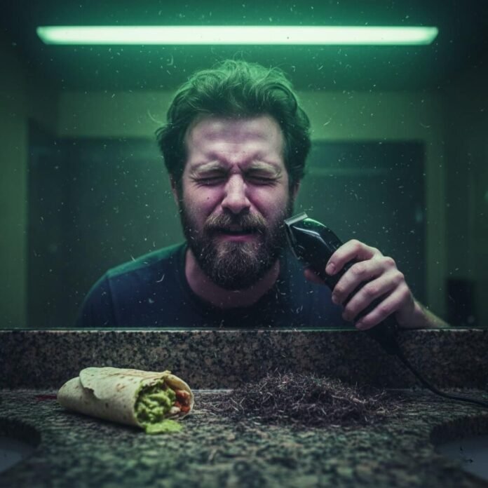 Man sneezing while trimming beard over burrito.