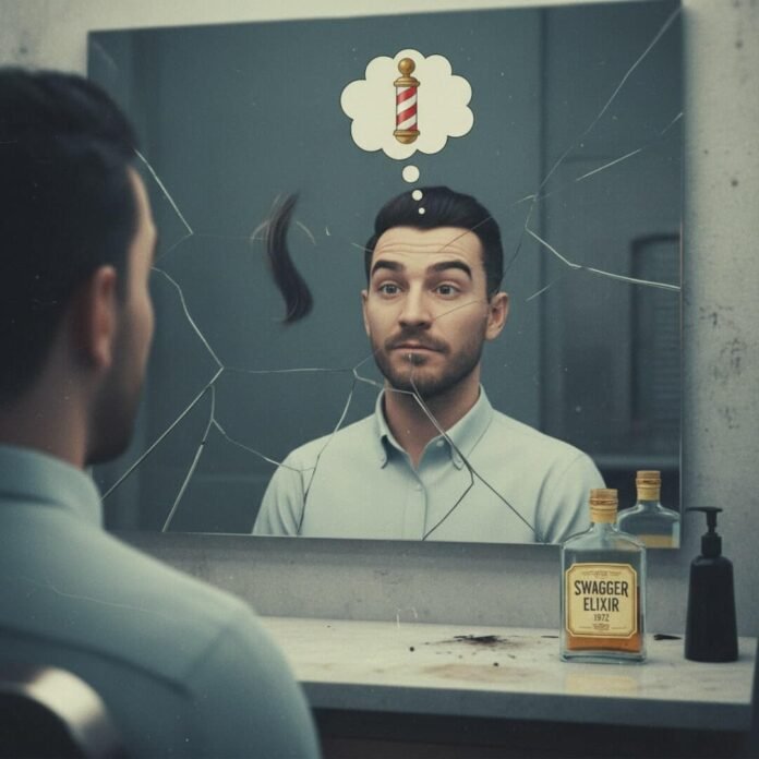 Man skeptical of haircut in cracked mirror.
