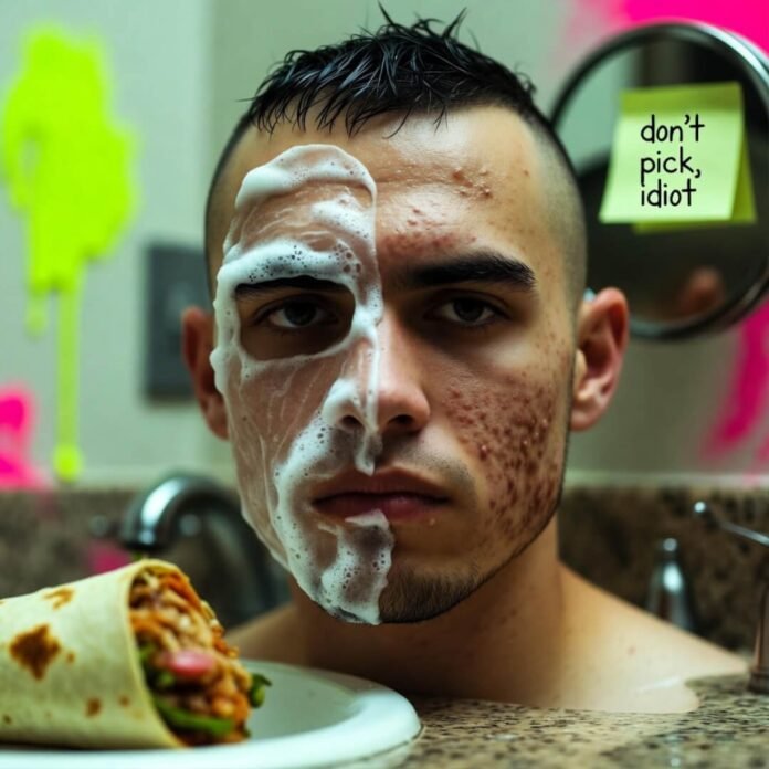 Half-shaved man with foamy cleanser, acne, burrito, and 