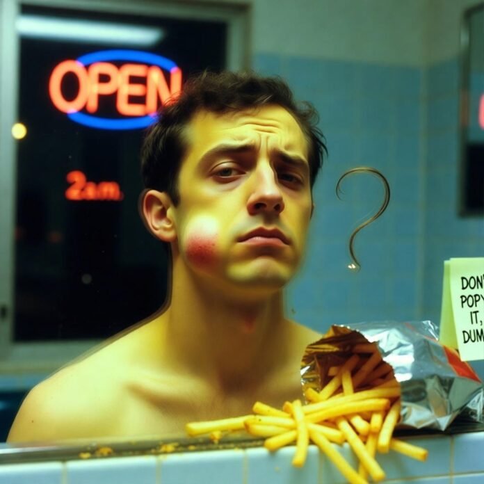 Man winces at fresh pimple, fries spill, neon OPEN glows, note says DON’T POP IT.