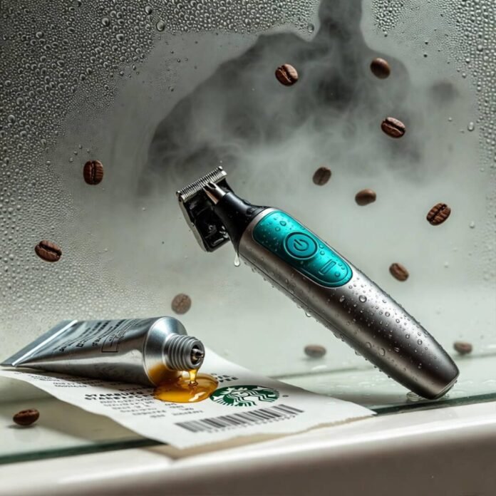 Foggy mirror with leaking beard oil on Starbucks receipt, orbiting coffee beans, teal trimmer.