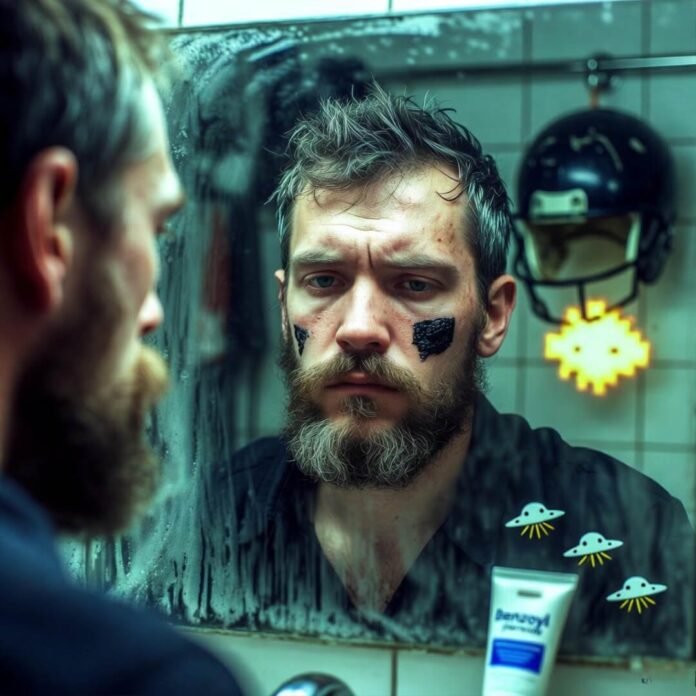 Exhausted man smears charcoal on zit in foggy mirror, helmet dangles, UFO tubes float.