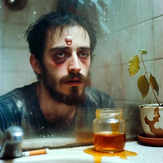 Exhausted man with forehead cyst stares into cracked mirror beside spilled honey jar.