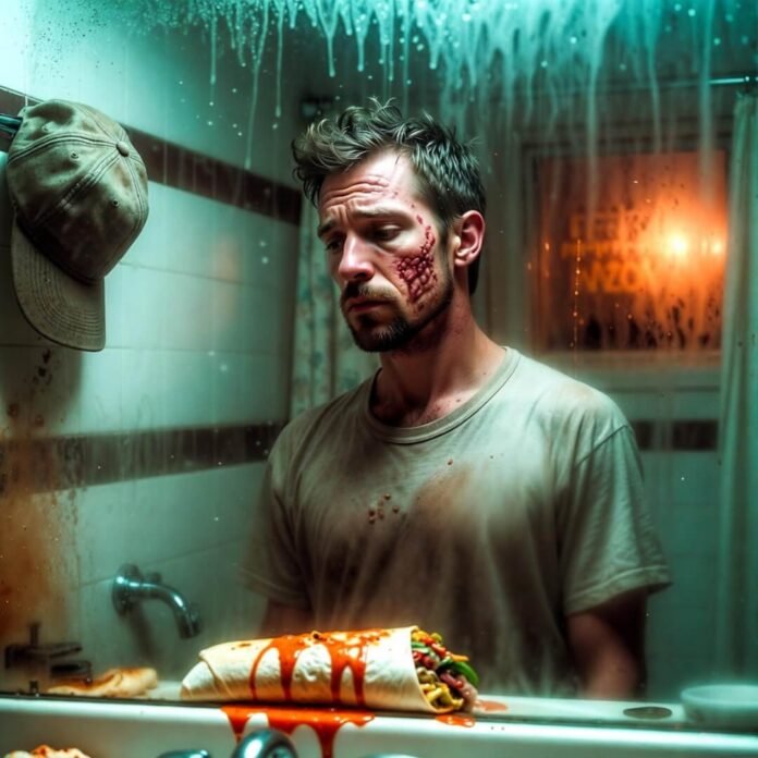 Man with cystic acne stares defeatedly at foggy mirror beside dripping burrito. Teal-orange glow.