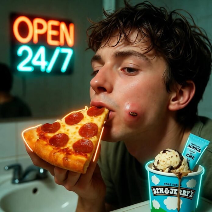 Young man eats glowing pizza slice, cystic zit on chin, melting Ben & Jerry’s nearby, neon OPEN 24/7 sign.