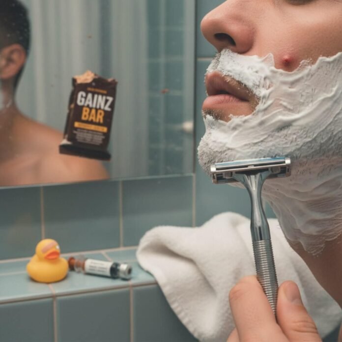 Shaving face with pimple, testosterone, and rubber duck.