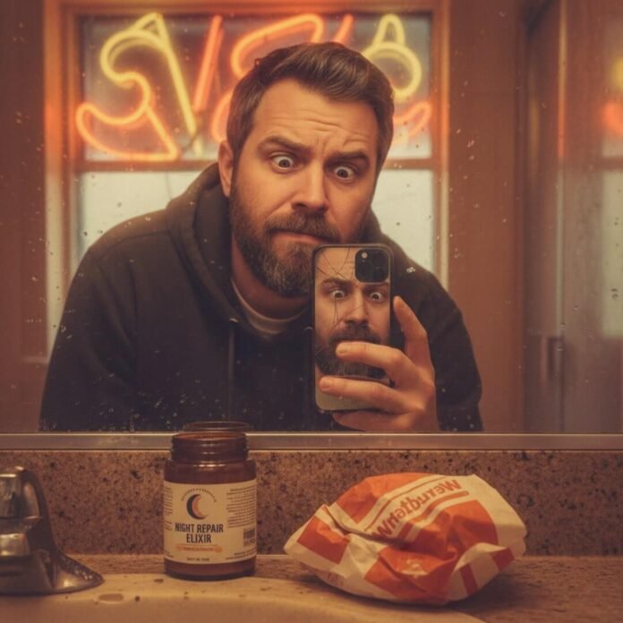 Man notices gray hair in mirror with beauty products.