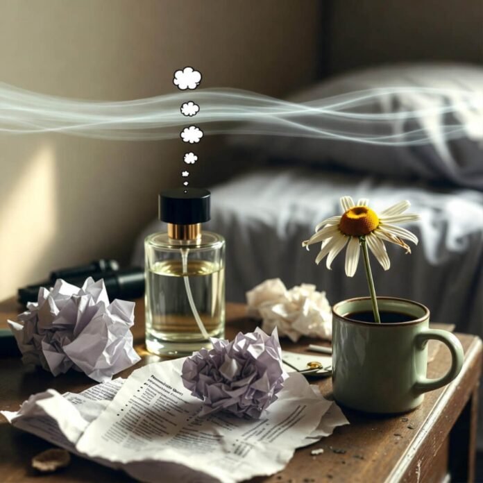Half-empty cologne bottle beside crumpled quiz and wilted daisy in mug.