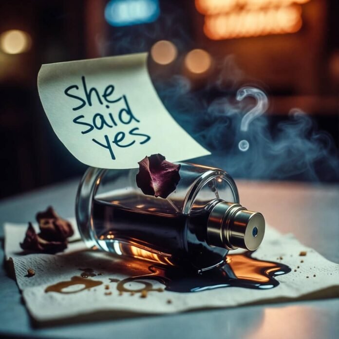 Tipped cologne bottle, wilted petal, 