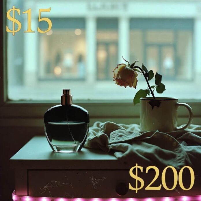 Wilted rose, cheap cologne, crumpled shirt on scratched nightstand—neon pink glow, wry nostalgia.