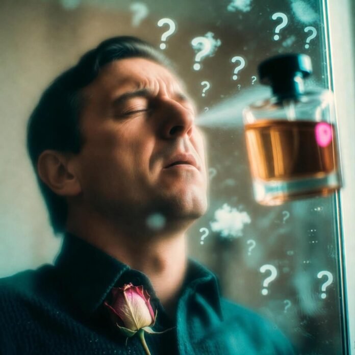 Man sneezes from cologne spray, wilted rose on collar, question-mark clouds float.
