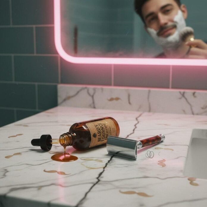 Grooming tools on marble counter, mirror reflection.
