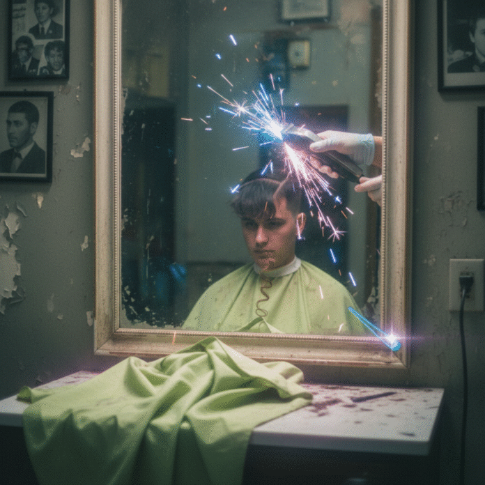 Barber clippers sparking in dingy mirror reflection.
