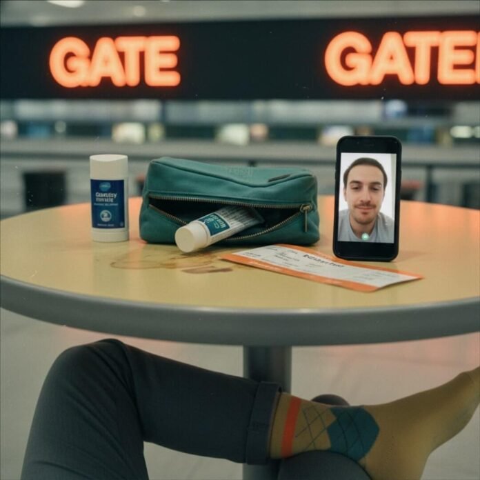 Spilled latte, AirPod, and note on Submariner.