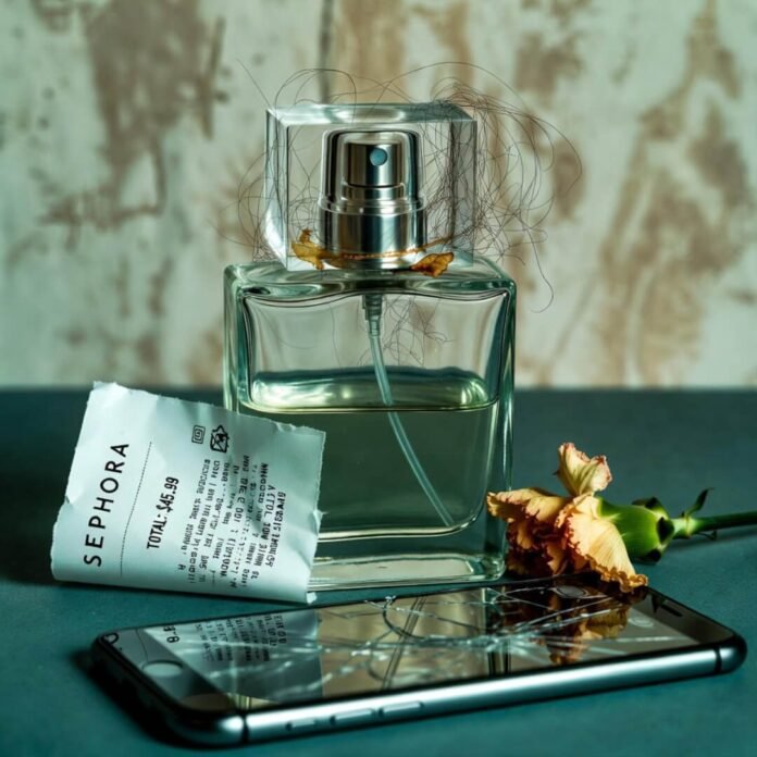 Tilted cologne bottle with wilted carnation, cracked phone, and Sephora receipt.