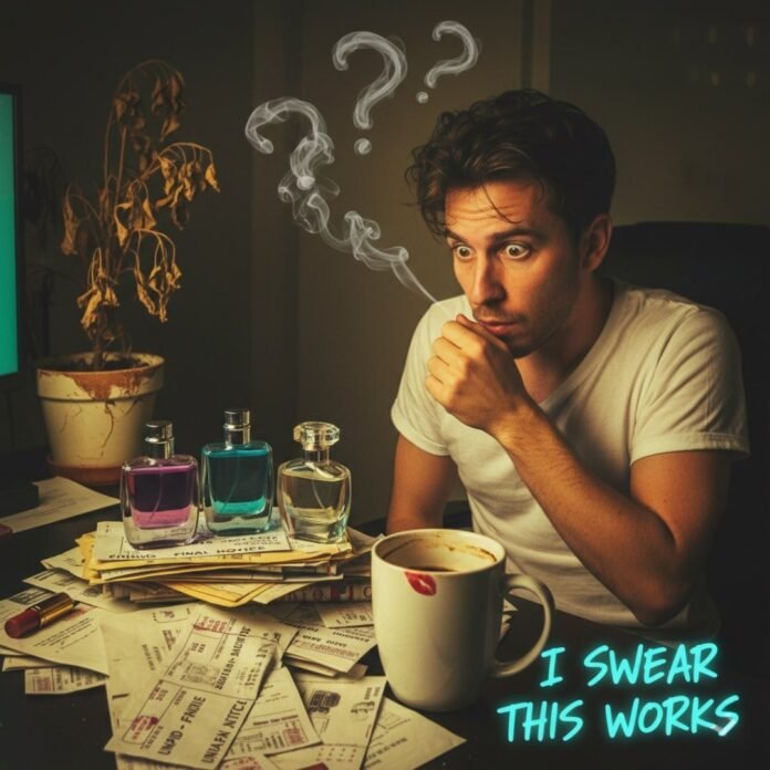 Guy sniffs wrist, bills, fragrance, messy night.