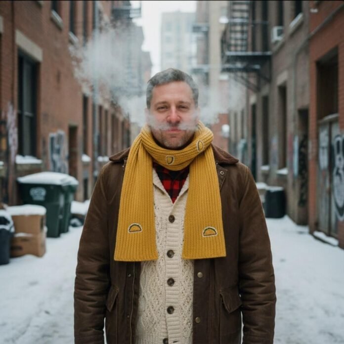 Man in layers and taco scarf breathes steam.