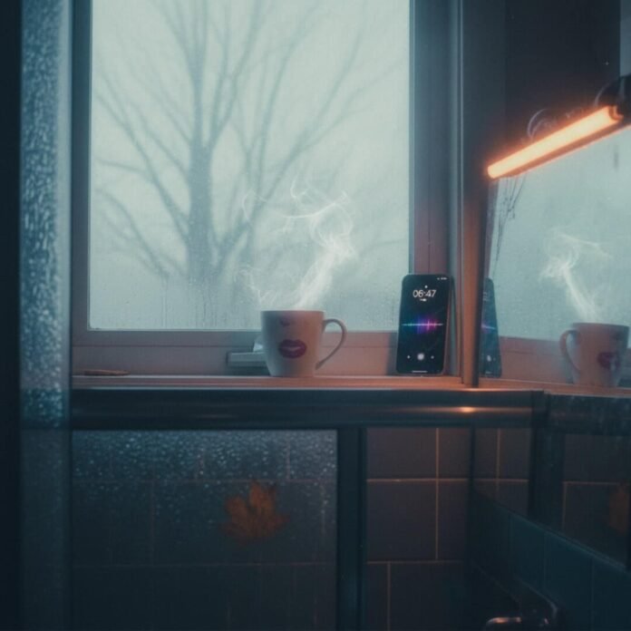 Foggy bathroom windowsill with coffee and phone.