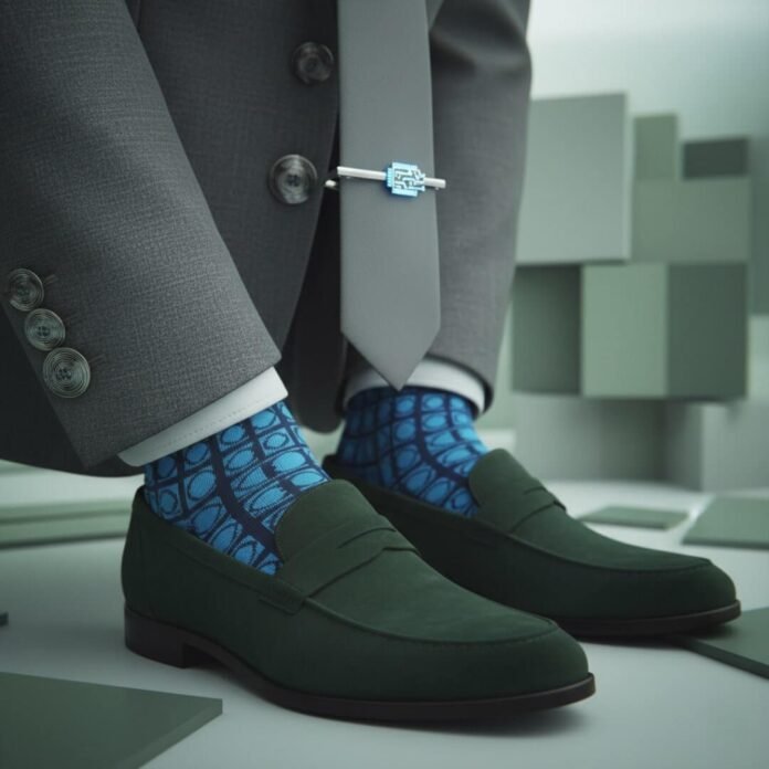 Grey suit, green loafers, blue patterned socks, circuit board tie clip.