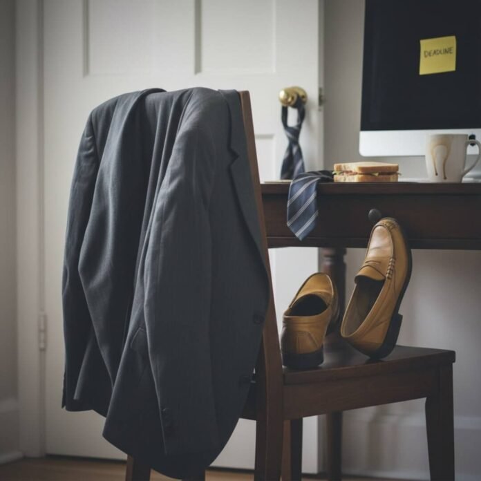Disheveled office desk with blazer and loafers.