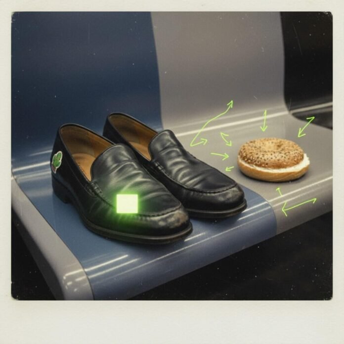Loafers, bagel, phone glow on subway seat.