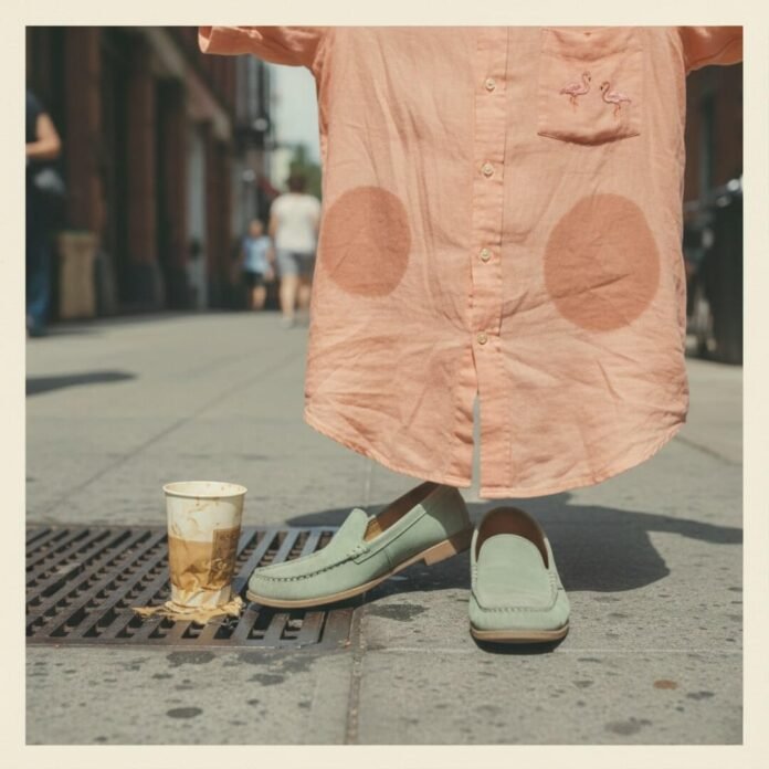 Sweaty linen shirt, loafers, and spilled iced coffee.