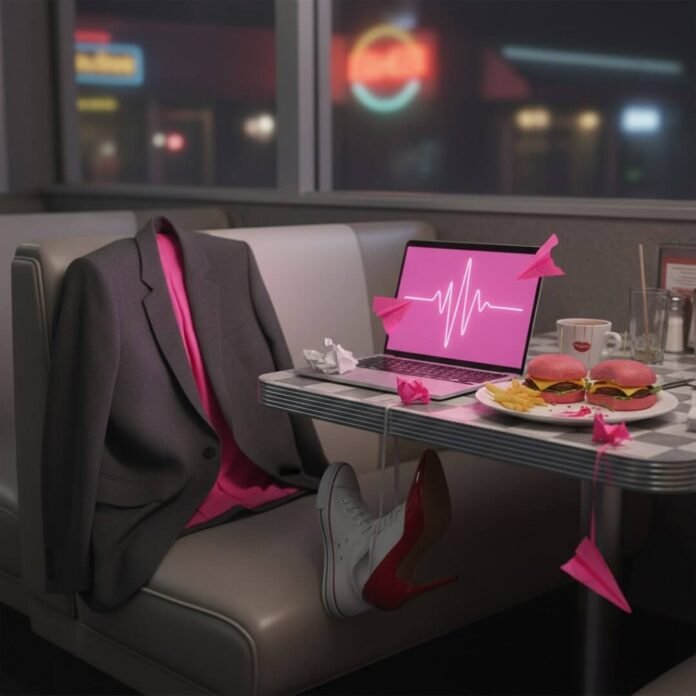 Diner table with blazer, laptop, slider, heel, and sneaker.