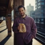 10 Effortless Casual Outfit Ideas for Men 2025 Man eating breakfast on rusty NYC subway platform.
