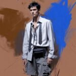 Men’s Casual Fashion Mistakes You Should Avoid Young man in mismatched outfit with polka-dot ties, earthy tones, electric blue brushstrokes.