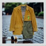 Weekend Casual Looks: Smart Yet Comfortable Floating oversized outfit spills coffee on wet cobblestones, alien thumbs-up. Polaroid style.