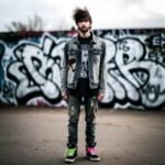 Street Style Casual Looks Every Man Can Pull Off Disheveled guy in oversized band tee and stained jeans stands before graffiti wall.