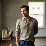 Minimalist Casual Looks for Men Who Hate Clutter Man in oatmeal shirt stands in minimalist studio; mustard mug, sarcastic blind-shadow smiley.