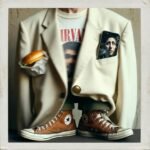 Affordable Casual Looks That Make You Look Premium Thrifted blazer with mismatched button, Nirvana tee, scuffed Converse, burger wrapper, cracked phone.